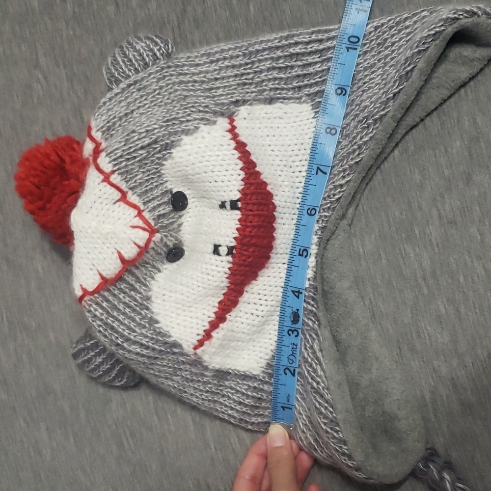 Sock Monkey Pom Pom Beanie Earflap Trapper Cap Hat w/ Strings - Picture 7 of 8